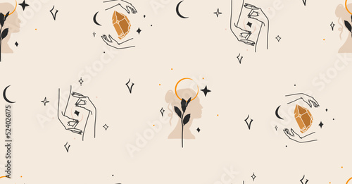 Hand drawn vector abstract stock flat graphic illustration with logo element,bohemian magic art seamless pattern of woman hands,gold crystals,stars and moon in simple style,feminine astrology design.