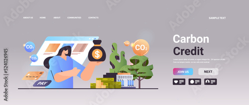 carbon credit concept businesswoman holding money sack responsibility of co2 emission environment strategy