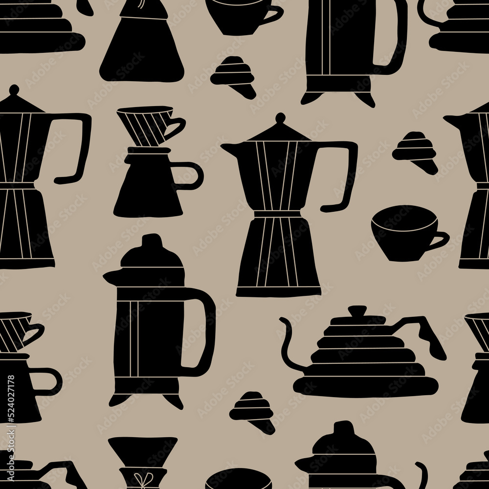 Vector seamless pattern with coffee icons. Signs of different methods of brewing coffee. Vector seamless pattern with coffee icons. Signs of different methods of brewing coffee.