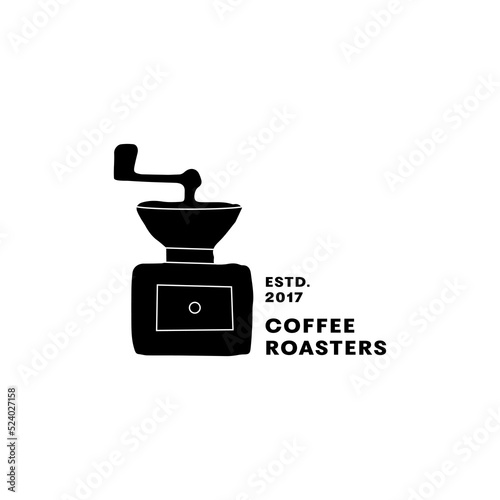 Vector logo for coffee shop with coffee grindert. Emblem for coffee house or coffee shop..