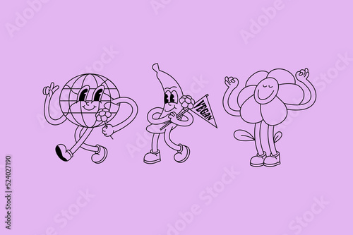 Vector illustration set of banana fruit, chamomile flower and planet Earth characters ìn retro style. Groovy stickers with happy faces.