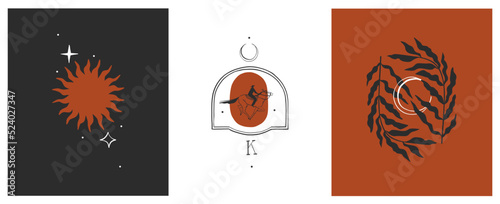 Hand drawn abstract vector graphic clipart illustrations logo set compositions.Wild Western design concept.Bohemian wild west contemporary art.Cowboy modern line art drawing.American cowgirl logo.
