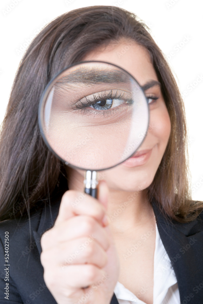 Young Businesswoman is Searcing For New Business Against White Background Young Businesswoman is Searcing For New Business Against White Background