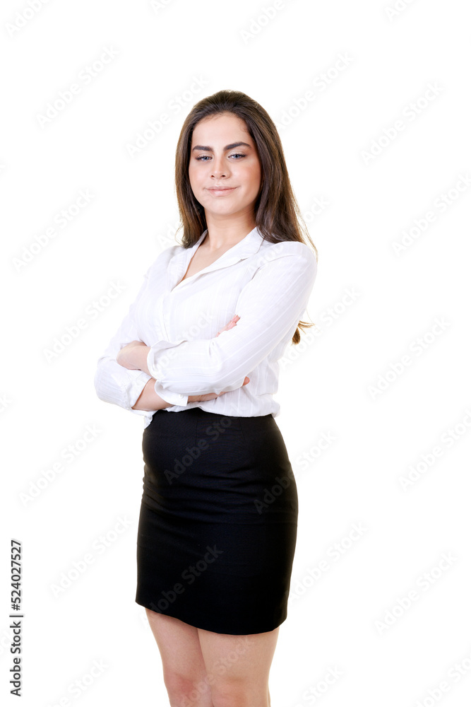 Young Confident Businesswoman is Posing Against White Background Young Confident Businesswoman is Posing Against White Background