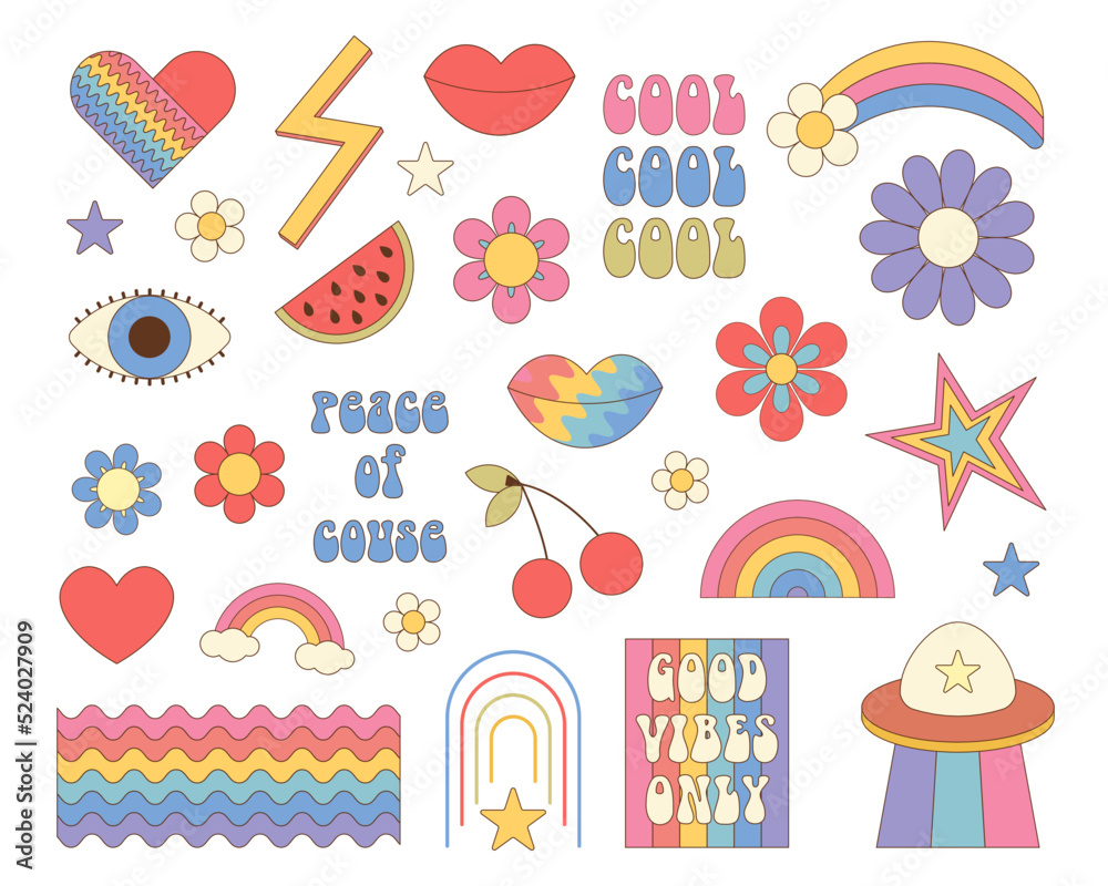 Groovy vibes set of objects it retro style. Groovy vibes set of objects it retro style.