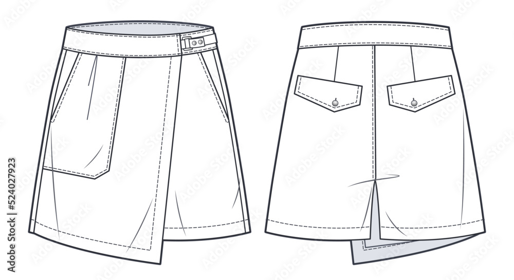 Short Pants, Skirt technical fashion illustration. High Waisted Shorts ...