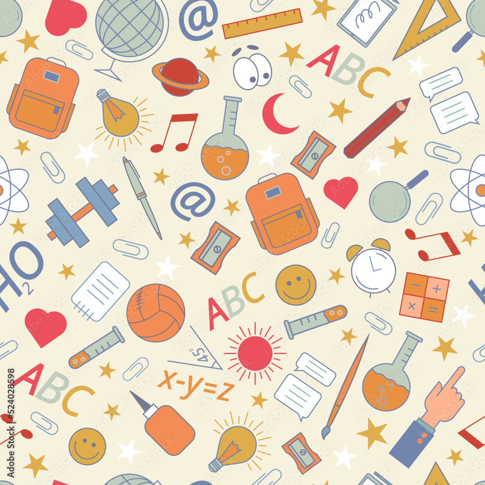 Multicolored pattern of school supplies in cartoon style for print and decoration. Vector illustration.
