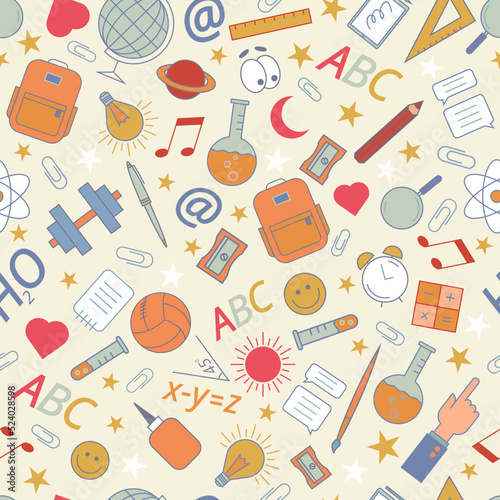 Multicolored pattern of school supplies in cartoon style for print and decoration. Vector illustration.