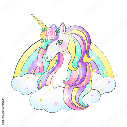 Unicorn with long multi-colored curls and a horn in sequins and flowers and a rainbow on an isolated background