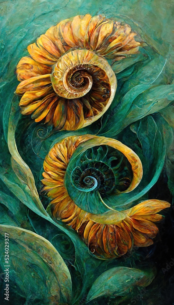 Surreal combination of ammonite inspired spirals,  leafy swirls and oddly unusual flowers of the imagination. Beautiful dreamy seafoam green in harmony with shades of rustic yellow orange colors.  