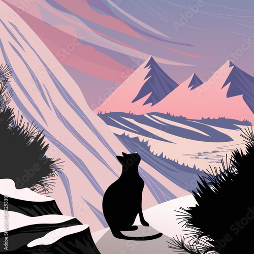 Landscape with cat on snow hilltop background. Vector illustration.