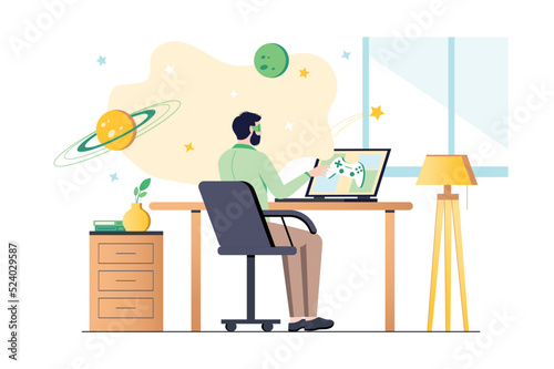 Concept metaverse with people scene in flat cartoon design. Man transported from his room to virtual reality with help of digital gadgets. Vector illustration.