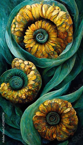 Surreal combination of ammonite inspired spirals, leafy swirls and oddly unusual flowers of the imagination. Beautiful dreamy seafoam green in harmony with shades of rustic yellow orange colors. 