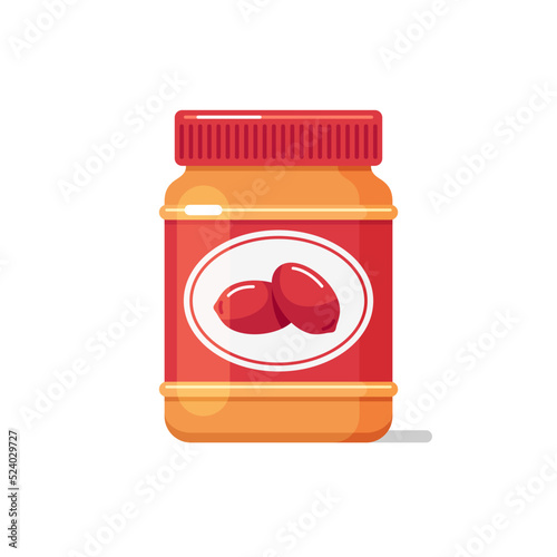 Jar with peanut butter, icon of nut paste in glass or plastic bottle with label. Vector flat illustration isolated on white background