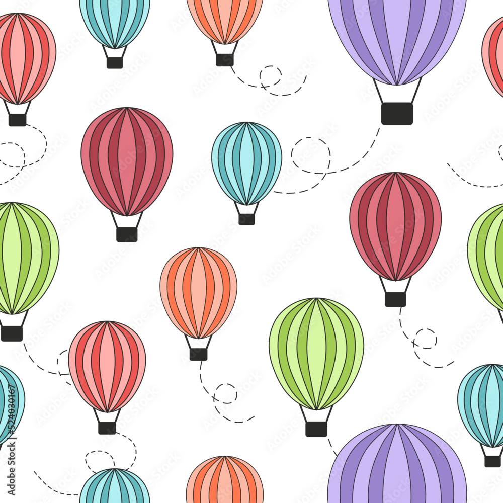 Colorful and bright air balloons seamless pattern. White background. Colorful and bright air balloons seamless pattern. White background.