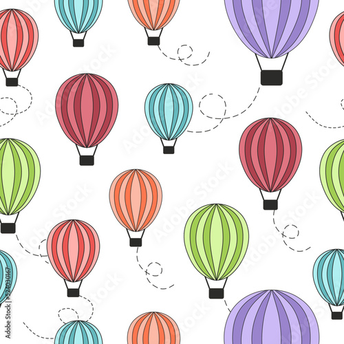 Colorful and bright air balloons seamless pattern. White background.