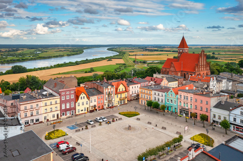 Aerial view of the old town with the Teutonic castle and the church in Nowe by the Vistula river. Poland photo
