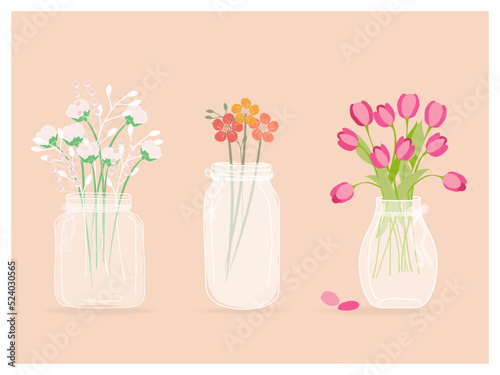 Collection of wild and garden blooming flowers in vases and bottles isolated on white background. Bundle of bouquets in glass vases. Illustration vase with flower to decoration interior. Flat vector 
