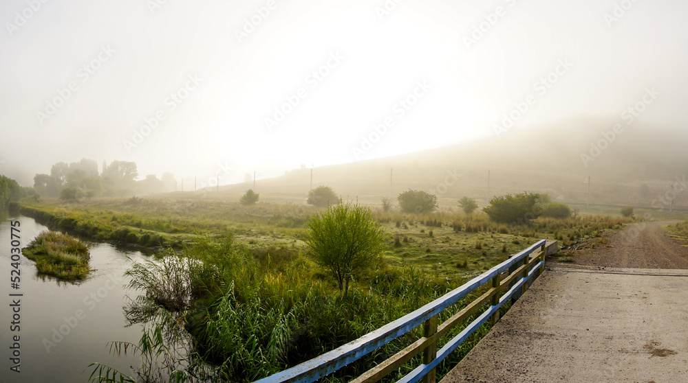 Camping in the nature waking up into a misty sunrise