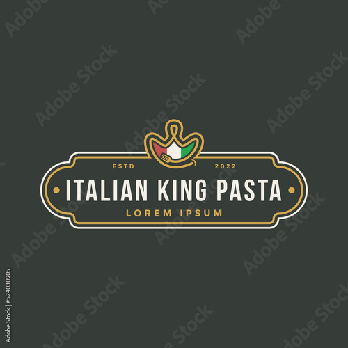 Pasta emblem logo icon template with crown smile fork noodle symbol on dark background.