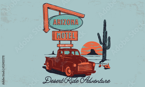 Arizona desert motel vintage signboard illustration with vintage truck and typography 