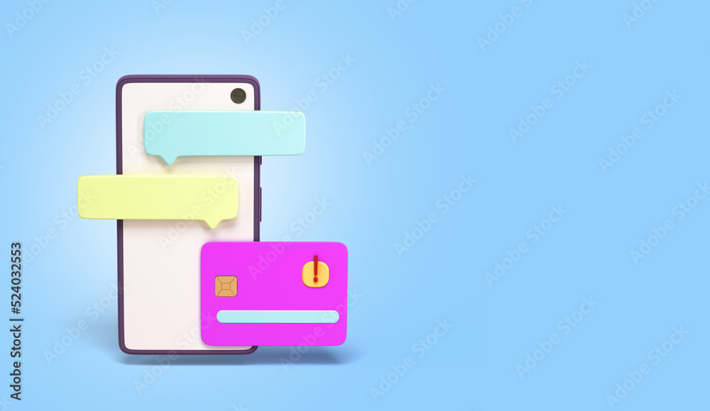 Concept of online bank services support Smartphone with credit card on screen 3d render illustration on blue background