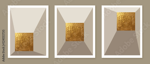 Abstract minimalist wall art composition in beige, grey, white, black colors. Golden geometric squares. Modern creative hand drawn background. Art deco balance composition.