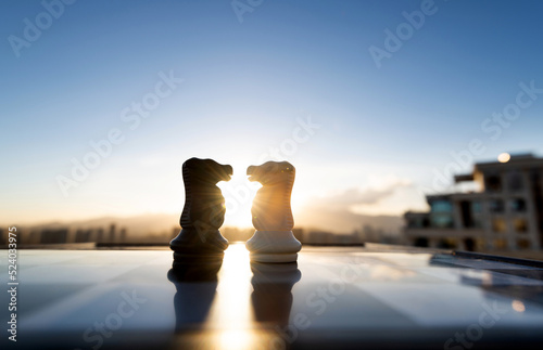 Two chess knights on city background