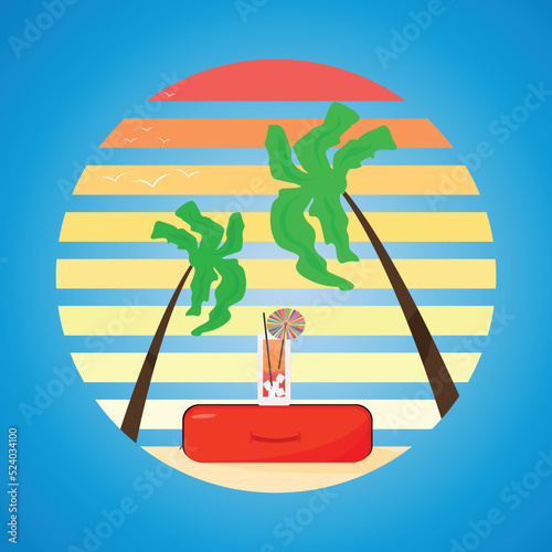 Summer tourist vacation with suitcases on a tropical beach with palm trees and a cocktail against the sunset. Vector illustration of a flat design.