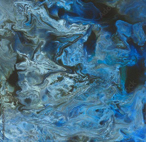 Acrylic liquid structure. Contemporary art. Abstract painting in mixed blue tones. For presentations, advertising, banners.
