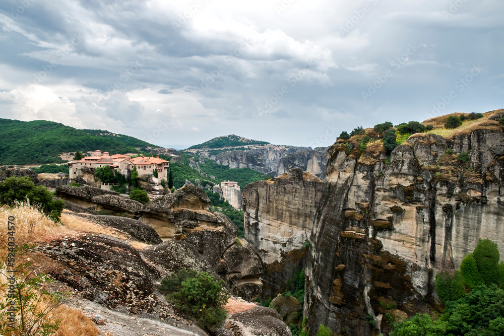 Landscape with monastery and giant steep rocks in the area of Meteora, Greece