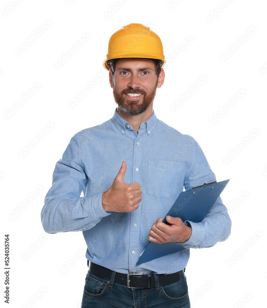 Professional engineer in hard hat with clipboard showing thumb up isolated on white Professional engineer in hard hat with clipboard showing thumb up isolated on white