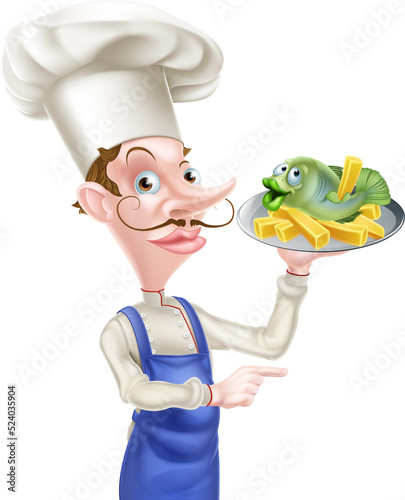 Pointing Chef Holding Fish ...
