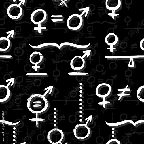 masculine feminine sex gender symbol set equal rights hand drawn white pictograms on dark background vector seamless pattern
