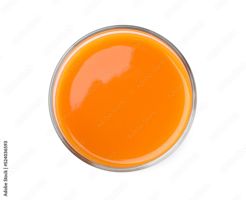 Tasty fresh carrot juice in glass isolated on white, top view Tasty fresh carrot juice in glass isolated on white, top view