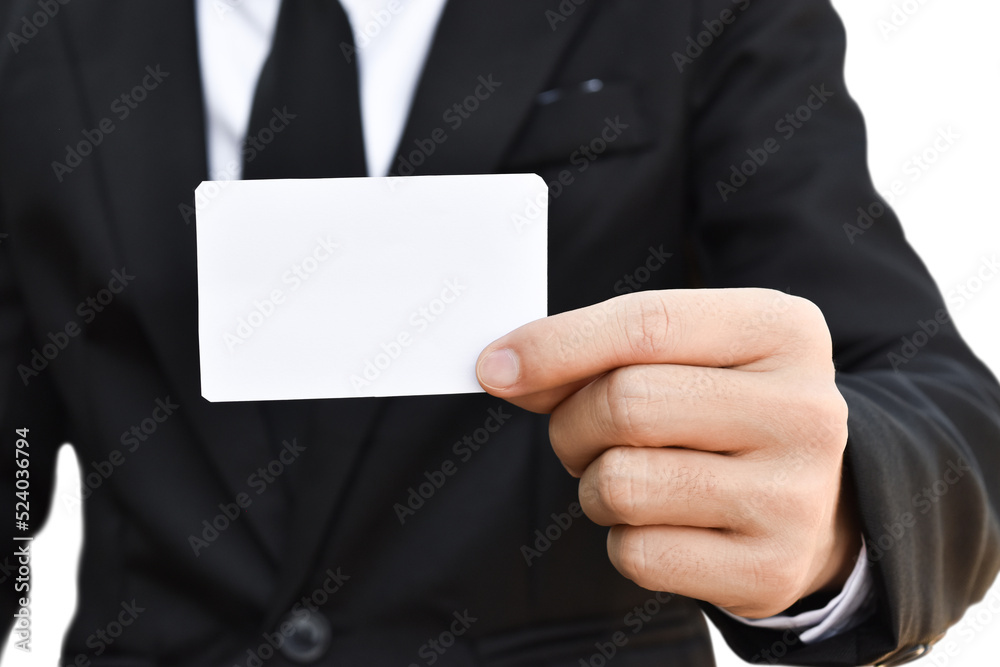 Businessman hand holding white business card isolated on transparent background - PNG format. Businessman hand holding white business card isolated on transparent background - PNG format.