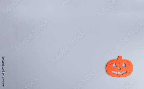 One Beautiful pumpkin on a grey background. Creative halloween concept backdrop. halloween pumpkin craft. Place for text