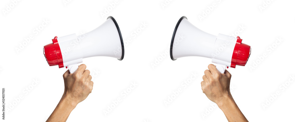 male hand holding a megaphone on a white background with clipping path - obrazy, fototapety, plakaty 