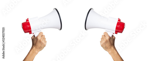 male hand holding a megaphone on a white background with clipping path photo