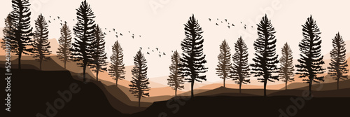 forest landscape silhouette flat design vector illustration good for wallpaper, background, banner, backdrop, web, travel, tourism, and template