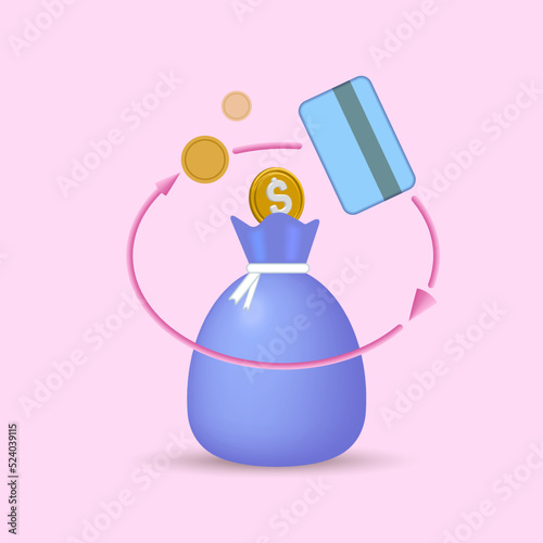 A money bag with dollars. Business and financial solution,
 the concept of payment and down payment. 3d vector illustration.
