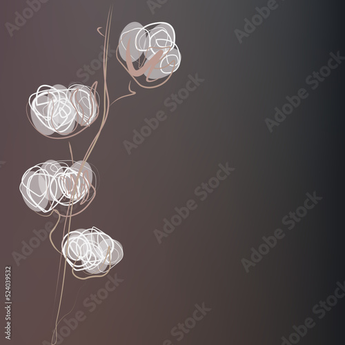 Cotton with place for text. cotton on a dark background. White cotton buds and brown branches. Vector illustration