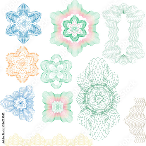 Set of different guilloche rosette and certificate design elements. Abstract waves isolated on white background