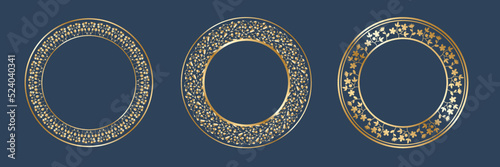 A set of floral gold borders. Round golden frames with wild flowers and tulips. Round frames vector