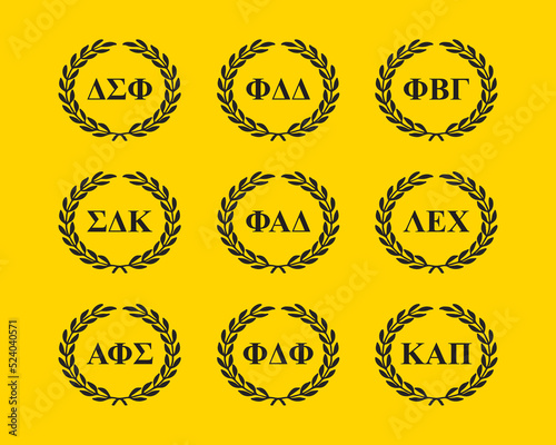 Fraternal organization in university. Men club, association. College fraternities. Letter Fraternity Style set.