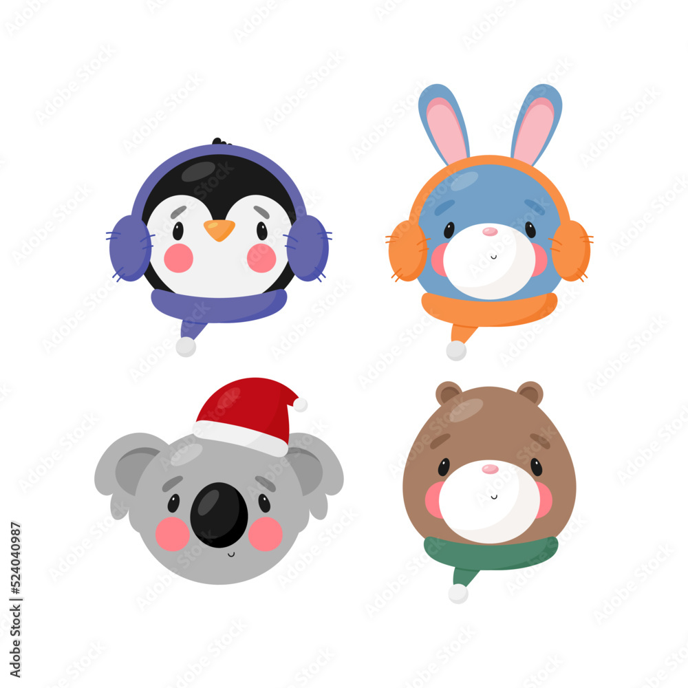 Set with winter animals. Vector illustration in cartoon style. White background.
