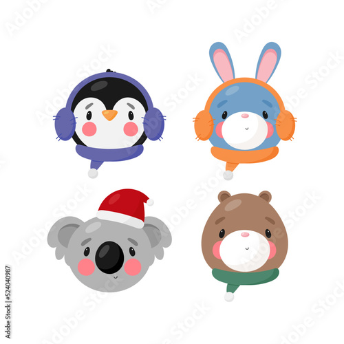 Set with winter animals. Vector illustration in cartoon style. White background.