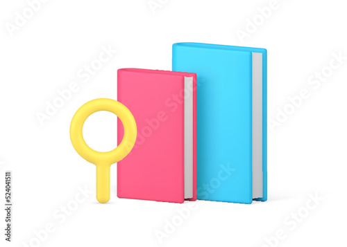 Book knowledge educational information searching with magnifying glass 3d icon vector illustration