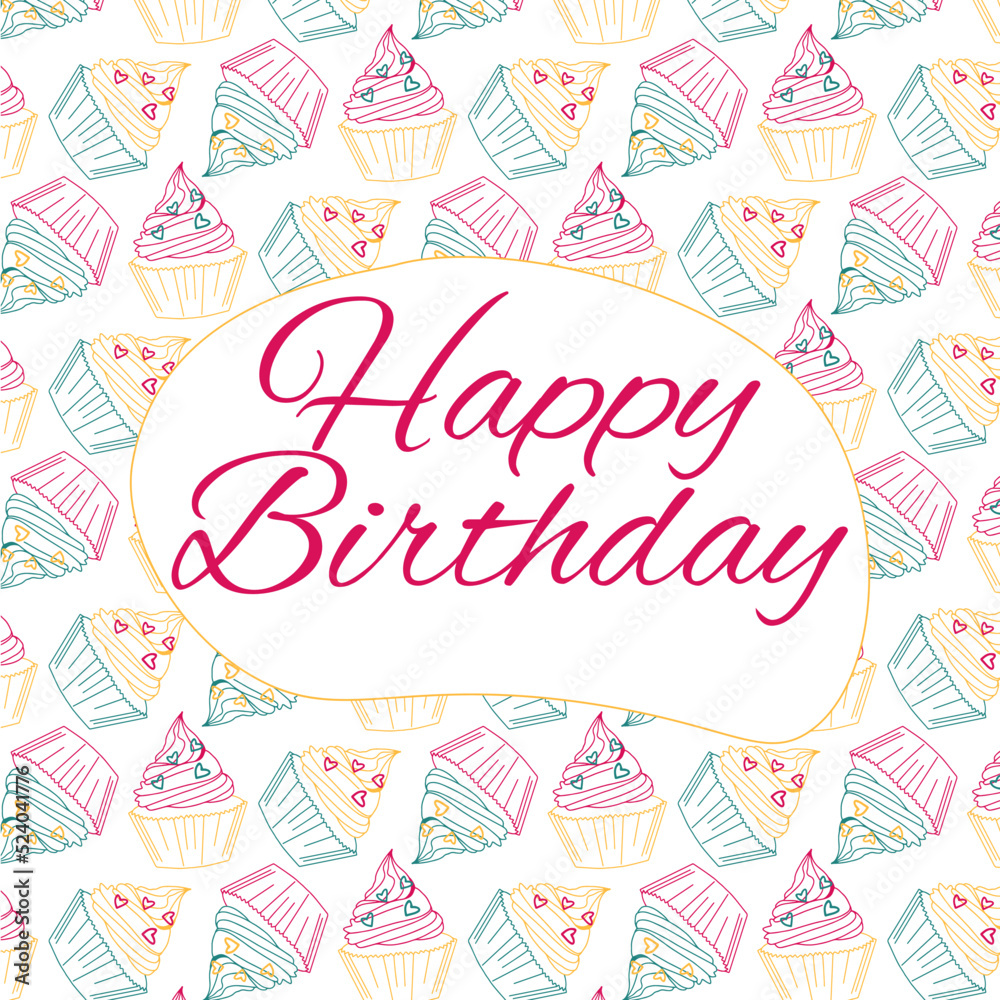 Holiday card, compliment, gift. For happy birthday event and celebration.Congratulations square card with cake pattern and lettering