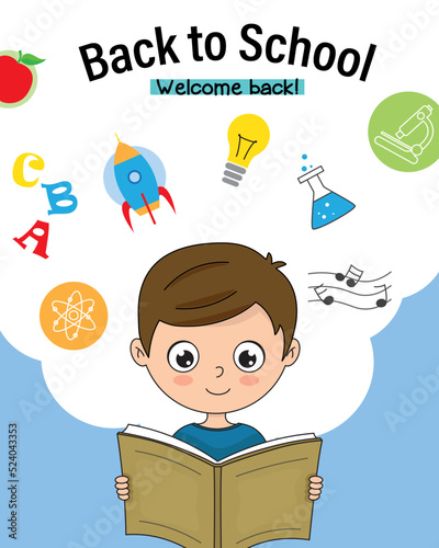 Back to school card. Child reading.